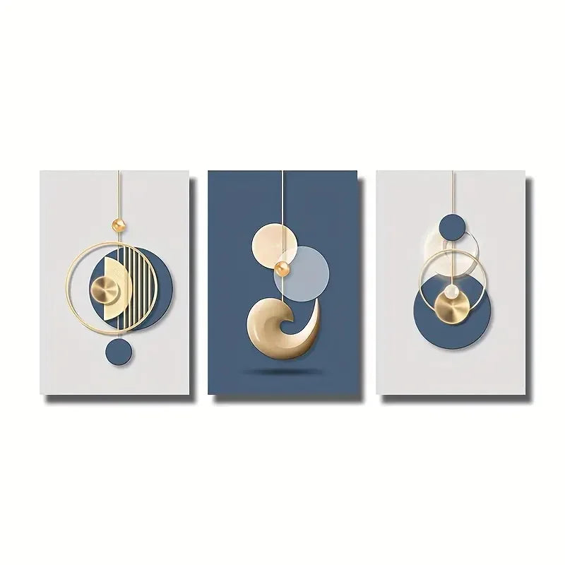 3pcs Canvas Poster Modern Art Golden Blue Abstract Graphic Prints Posters Wall Art Decor for Bedroom Living Room Corridor