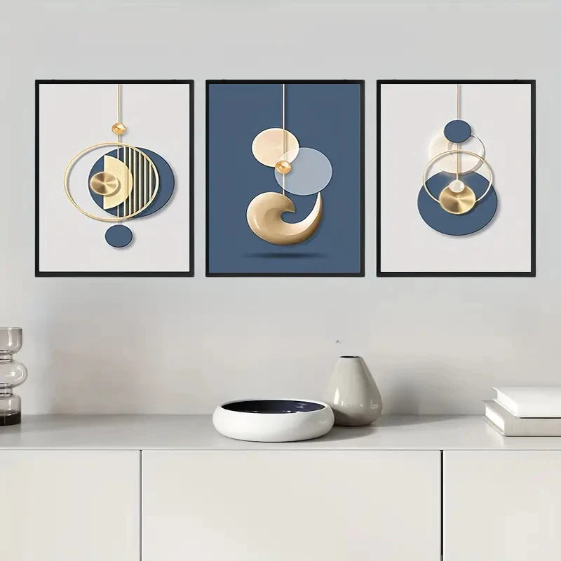 3pcs Canvas Poster Modern Art Golden Blue Abstract Graphic Prints Posters Wall Art Decor for Bedroom Living Room Corridor