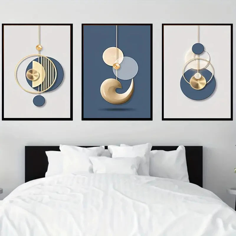 3pcs Canvas Poster Modern Art Golden Blue Abstract Graphic Prints Posters Wall Art Decor for Bedroom Living Room Corridor