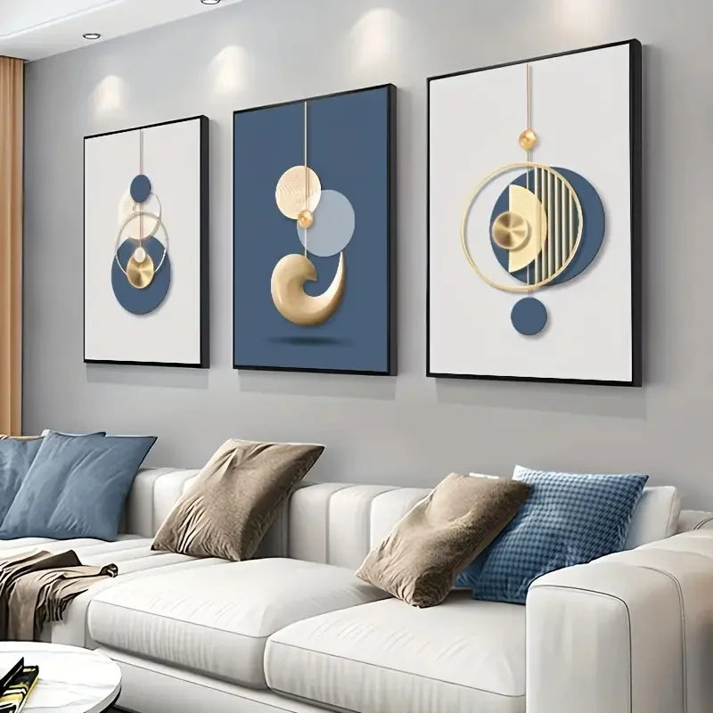 3pcs Canvas Poster Modern Art Golden Blue Abstract Graphic Prints Posters Wall Art Decor for Bedroom Living Room Corridor